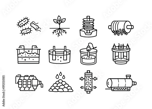    Alternative Metal Extraction. Line icon set of Alternative Metal Extraction: bioleaching bacteria, phytomining plant, gravity separation