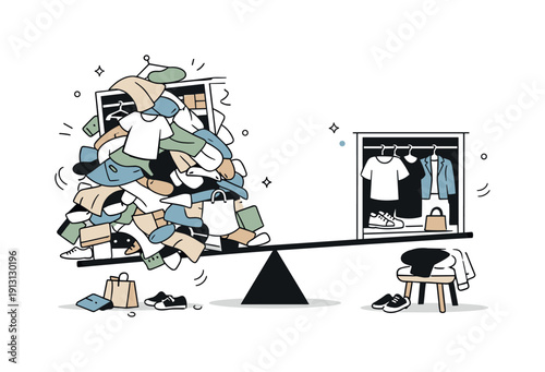 Fast fashion impact. Closet scene overflowing with clothes, only a few items being worn regularly. Visual metaphor of imbalance and waste in