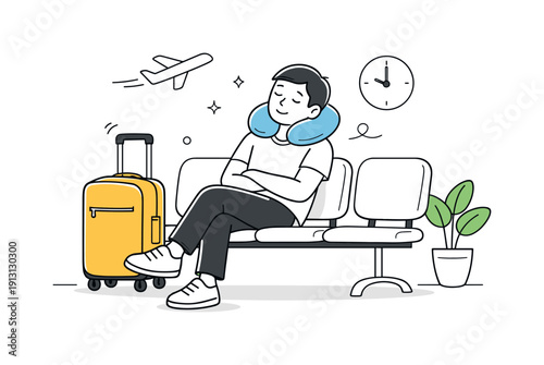 Traveler's Rest. Using travel pillow at airport. Traveler sitting in a waiting area with a suitcase, resting with a neck pillow before departure. Calm pause,