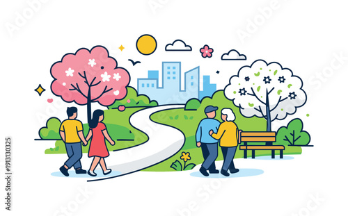Spring city park people enjoying a peaceful walk among blooming trees and green lawns, expressing relaxation, urban nature, and seasonal