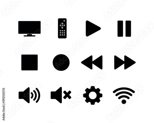 Entertainment Control. Solid icon set of Entertainment Control: tv screen, remote device, play symbol, pause symbol, stop symbol, record