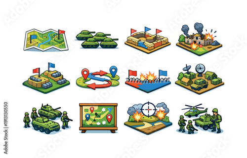 Ground combat. Colorful isometric vector icons set of ground combat: battlefield map, armored unit movement, tactical zone, military terrain,