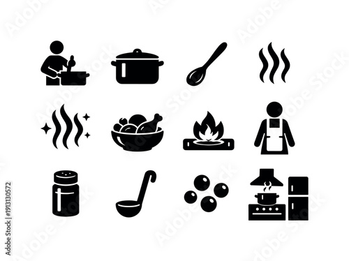    Homemade curry cooking. Solid icon set of homemade curry cooking: person stirring pot, cooking pot, wooden spoon, rising steam, spice aroma