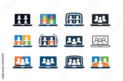 Virtual Classroom Logos. Virtual classrooms. Icon set. Set Logo of virtual classrooms: laptop with virtual students grid. harmonious logo variations of the