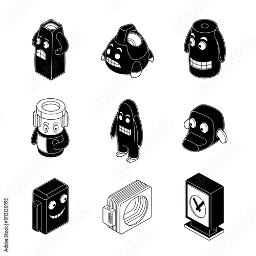 A collection of nine cartoon-style robot illustrations in various designs and poses on a white background with a mix of black and white colors.