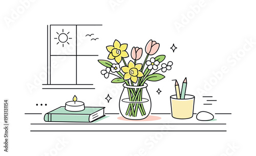 Spring interior decor. A sunlit windowsill with a vase of fresh spring flowers, minimal objects, and light shadows, evoking peace and natural