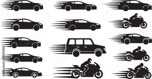 Vehicles in Motion Silhouette Graphics for Design and Illustration