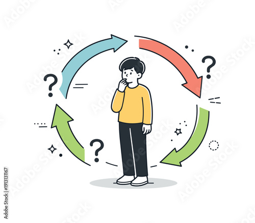 Anxious thinking cycle. Person standing still while arrows and question marks rotate around them, soft tension without drama. Abstract visual