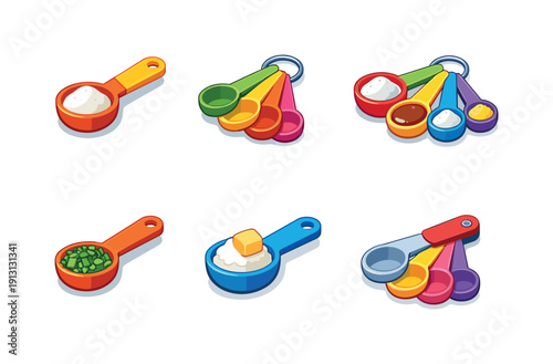 Kitchen Measuring Spoons. Kitchen measuring. Isometric flat vector icons set of kitchen measuring: cooking measuring spoon, baking spoon set, ingredient