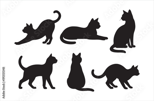 Silhouettes of cats in various resting and walking poses