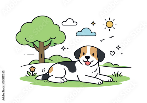 Dog in a peaceful park. A dog lying on grass under a tree, relaxed posture and friendly expression. Open space, fresh air feeling and calm