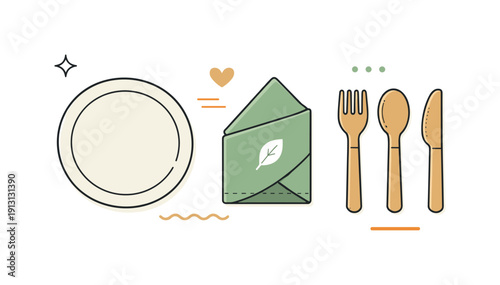 Minimalist Picnic Set. Neutral picnic set. A reusable plate, folded napkin, and bamboo utensils aligned in a tidy row with muted colors and clean layout.