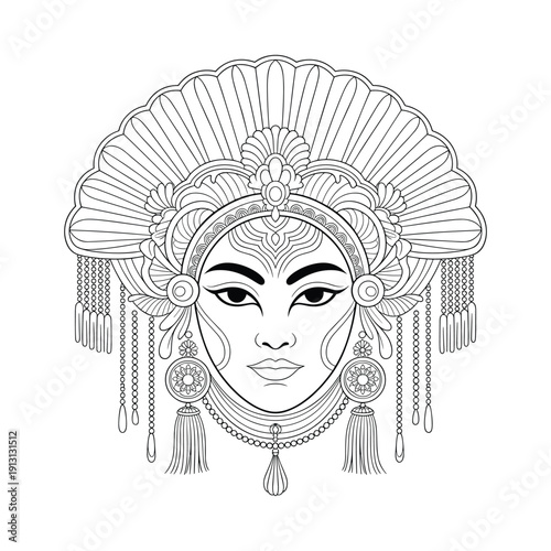 Intricate Black and White Illustration of an Ornate Traditional Mask Featuring Detailed Facial Features and Decorative Elements