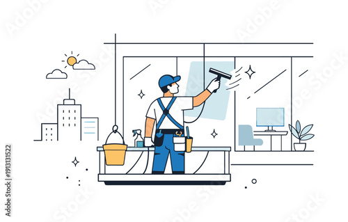Professional Window Washing. Urban window washing routine. Window washer cleaning office building glass, smooth repetitive motion and quiet professionalism.