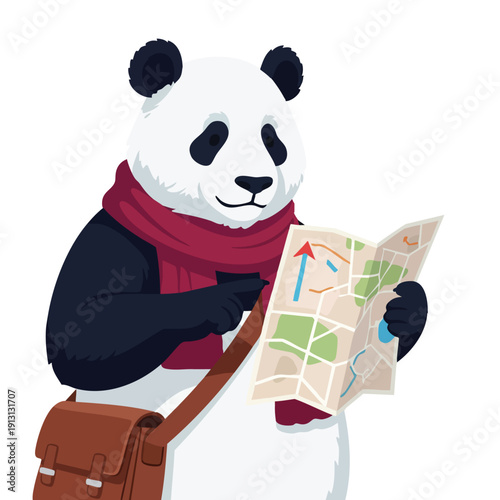 Panda Traveler Reading Map with scarf and satchel