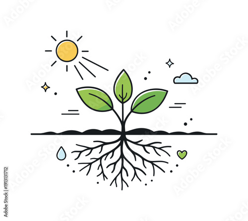 Sunlight and plant growth. A calm illustration of leaves absorbing sunlight while roots stay grounded, highlighting balance between nature