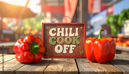 Chili Cook Off Competition with Fresh Red Bell Peppers on a Rustic Wooden Table
