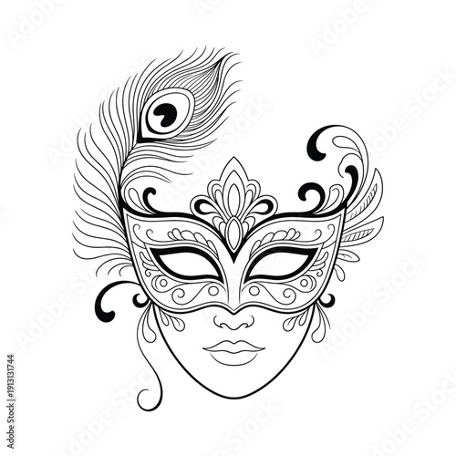 Intricate Venetian masquerade mask with peacock feather and ornate details isolated on white