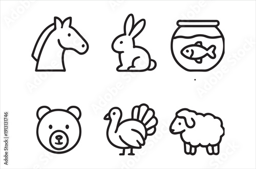 Simple line drawings of various animals and a fishbowl