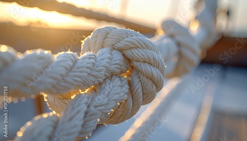 Close up of a nautical rope knot on a boat under the warm sunlight