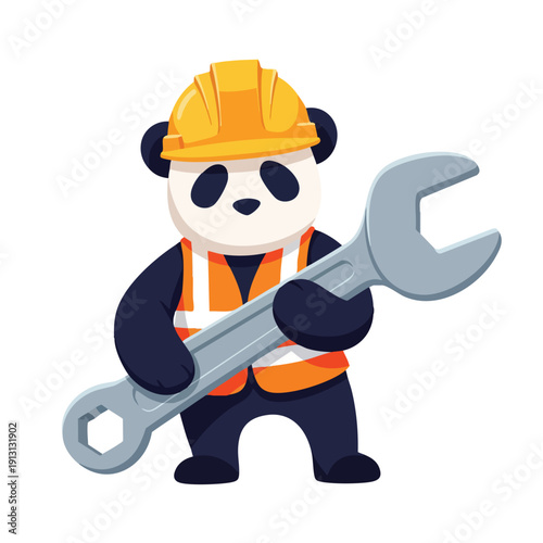 Panda Construction Worker with Large Wrench and Hard Hat