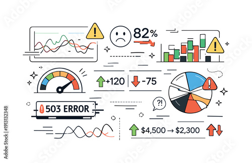 Conflicting Metrics Dashboard. Unstable performance dashboard. A screen filled with conflicting metrics, warning icons, and glitchy charts. Friendly visual