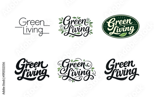 Green living typography. Set lettering. harmonious lettering variations of the same emblematic concept, each with different