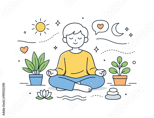 Emotional well-being concept. A relaxed character sitting peacefully with plants and soft lines around, representing self-care, inner calm,