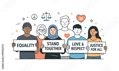 Civil rights awareness. People of different backgrounds stand together holding simple signs, expressing unity and shared values. Calm