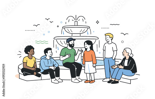 Public spaces and social interactions. Diverse group meeting near a fountain, some talking, others listening quietly. Friendly coexistence