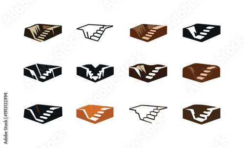 Trench Logo Variations. Trench. Icon set. Set Logo of Trench: side view of trench with steps. harmonious logo variations of the same emblematic concept, each