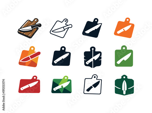 cooking for beginners. Icon set. Set Logo of cooking for beginners: cutting board with knife. harmonious logo variations of the
