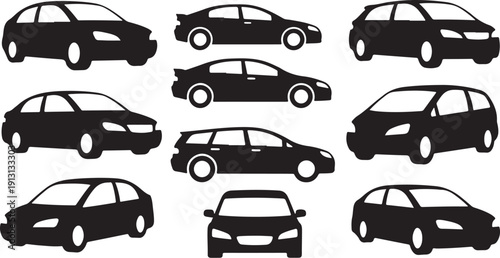 Collection of black car silhouettes in various positions and angles