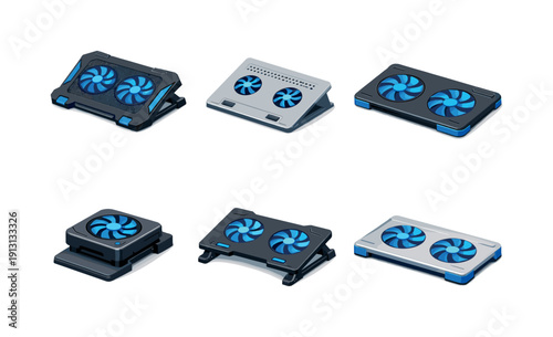    Notebook cooling. Isometric flat vector icons set of notebook cooling: notebook cooling pad, lightweight cooling base, quiet fan cooling pad,