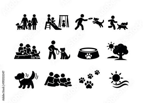 Outdoor Family and Pets. Solid icon set of Outdoor Family and Pets: family walking dog, park playtime, frisbee with dog, running child and