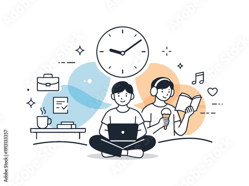Balancing Work and Life. Work-life balance concept. A person calmly switching between a laptop and personal activities, with a clock and soft abstract shapes