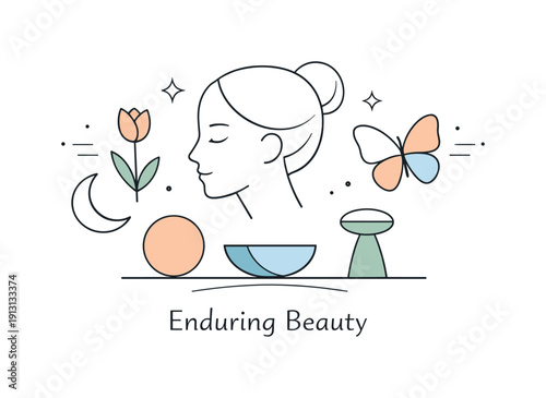 Enduring beauty concept. Abstract composition with balanced shapes, gentle symmetry, and soft motion lines, calm and harmonious mood.