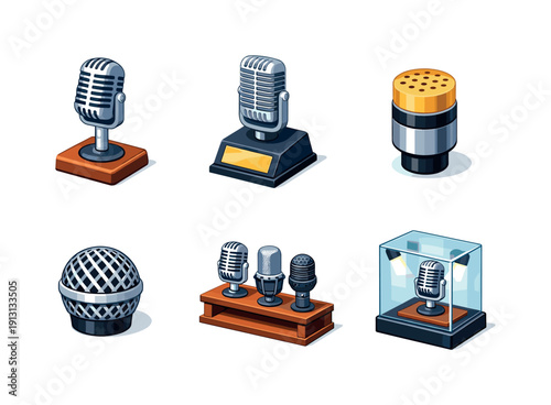 Isometric Microphone Display. Microphone display. Isometric flat vector icons set of microphone display: retro mic on wooden base, collectible mic with plaque,