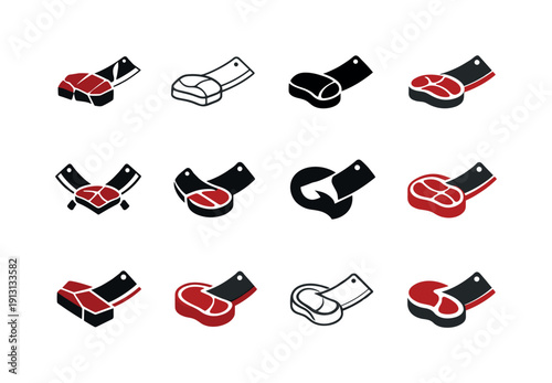 Meat department. Icon set. Set Logo of meat department: butcher knife and meat cut. harmonious logo variations of the same emblematic