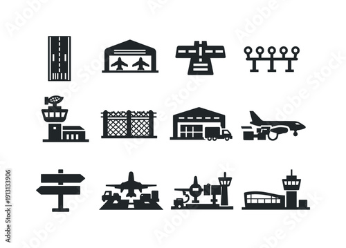 Airport infrastructure. Solid icon set of airport infrastructure: runway layout, hangar building, taxiway markings, airport lighting, control