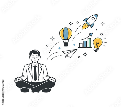 Choosing stability over growth. Professional figure seated with calm focus while abstract opportunity icons float upward and away. Visual