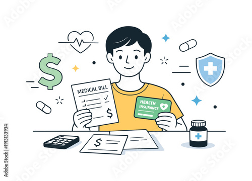 Lower-cost medical care. A person reviewing simple medical bills and insurance cards with a calm expression, symbolizing transparency and