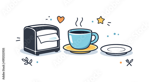 Restaurant table accessory. A napkin dispenser sits next to a cup and plate on a small cafe table. Quiet dining atmosphere with a sense of