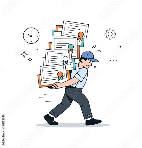    Upskilling pressure. A simplified editorial scene where a worker carries stacked certificates while moving forward slowly. The mood suggests