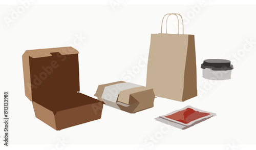 Realistic 3D takeaway food packaging mockup with coffee cups, cardboard boxes, bags, and ziplock sachets