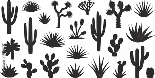 Black silhouettes of diverse desert plants including cacti, prickly pear, agave, and Joshua trees, ideal for botanical illustration, arid ecosystem design, decorative art, and educational use