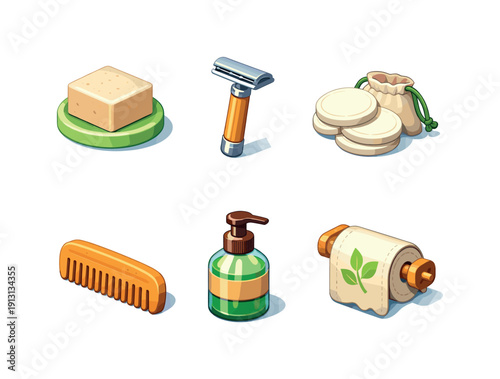 Eco Bathroom Essentials. Eco bathroom. Isometric flat vector icons set of eco bathroom: shampoo bar, safety razor, reusable cotton pads, bamboo comb, glass