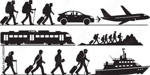 Travelers Silhouettes in Various Transportation Modes Icon Set