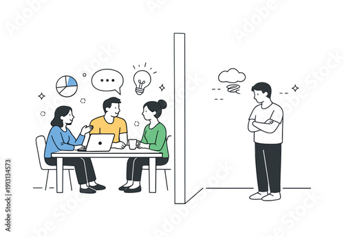 Emotional distance at work. Individual looking at a team meeting from afar, disconnected by space or wall. Concept of exclusion and silent