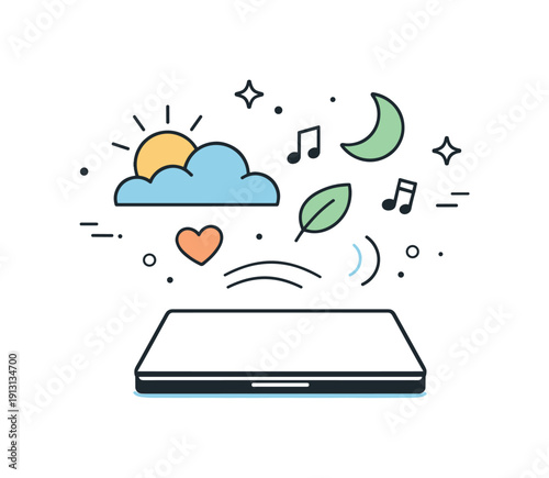 Break from screen. A closed laptop with gentle decorative shapes rising above, expressing disconnection and mental rest. Editorial metaphor